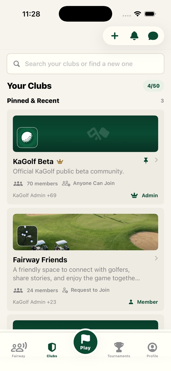 KaGolf Clubs screen showing pinned and recent golf communities with membership status