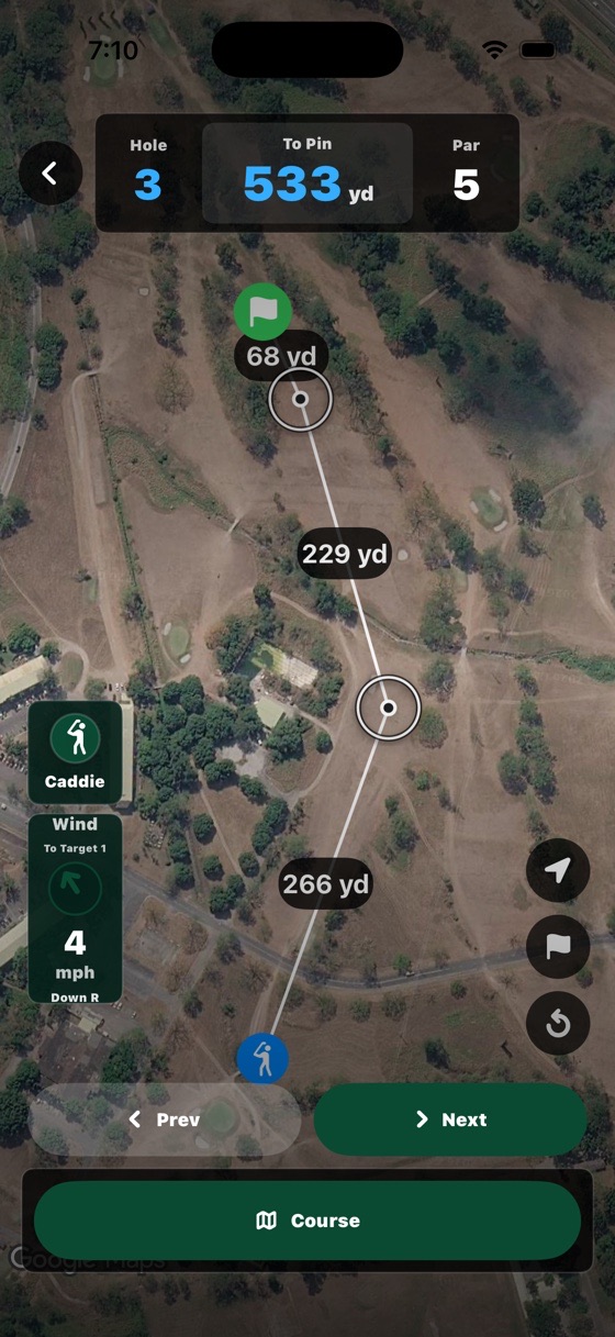 KaGolf live round GPS showing the golfer, target, pin, yardages, and wind