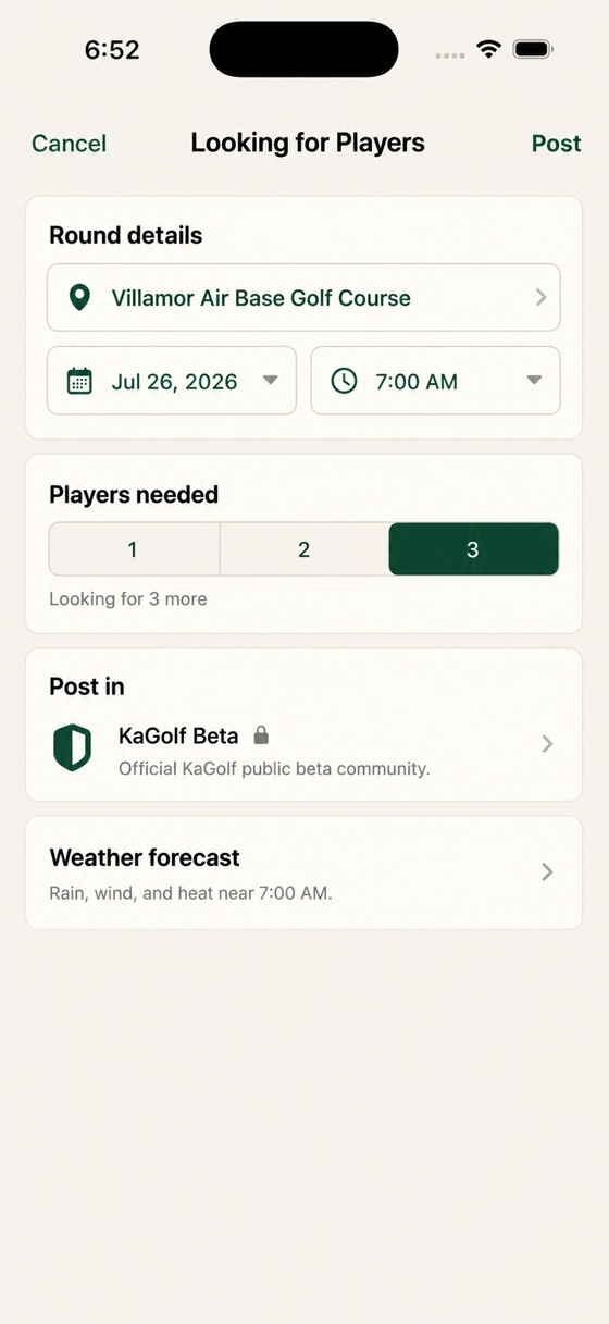 KaGolf Looking for Players screen for posting a round inside a club
